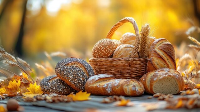 Basket of artisanal breads and rolls on wooden table with autumn leaves and wheat.