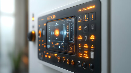 Naklejka premium 3D Futuristic Smart Home Control Panel Holographic Interface Close-Up Design