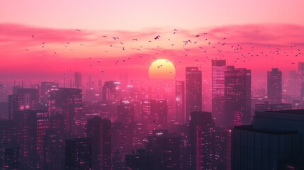 Fototapeta premium Pink Sunset Over Futuristic Cityscape