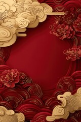 Elegant Oriental Floral Background with Waves and Clouds