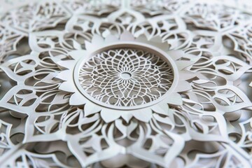Intricate paper cutting art featuring a floral mandala design with turquoise background, showcasing skilled craftsmanship and artistic detail