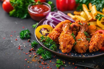 Fototapeta premium Air fryer makes clean food easy. Delicious fried chicken platter with sides