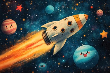 Cute Rocket Soaring Through Space Among Happy Planets
