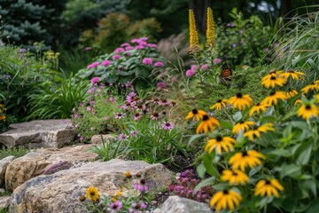 A vibrant garden filled with colorful flowers in bloom, showcasing a variety of yellow, red, and purple blossoms during a sunny summer day
