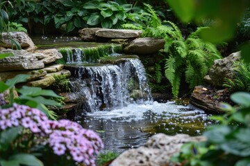 A tranquil waterfall cascading over rocks in a lush green forest during a sunny afternoon, creating a serene atmosphere perfect for relaxation and nature appreciation