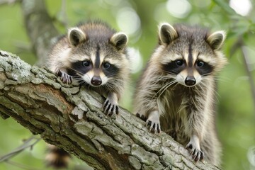Two playful raccoons exploring a fallen log in a lush forest during early morning light