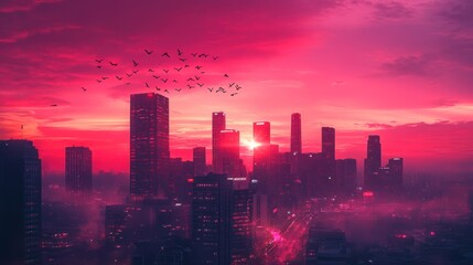 Obraz premium Crimson Cityscape: A Stunning Sunset over Urban Skyline