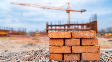 Naklejka premium A stack of orange bricks in the foreground, with a construction site and crane in the background under a cloudy sky.