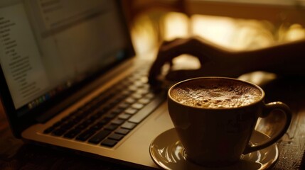 An artistic depiction of a person's arms resting on a laptop keyboard next to a cup of coffee.