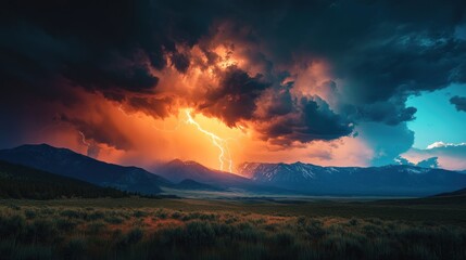 Obraz premium Majestic Mountain Landscape with Dramatic Lightning Storm
