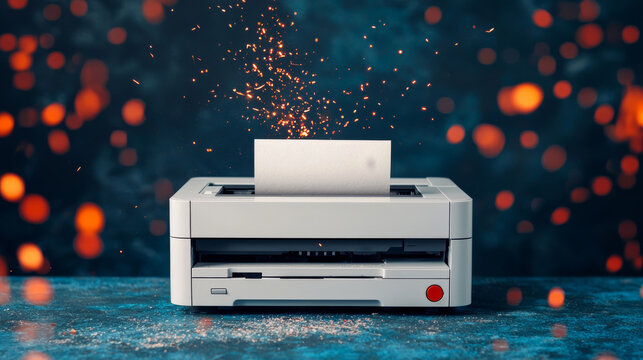 A printer emits sparks, indicating a malfunction or electrical issue, set against a blurred background of a workspace. - Powered by Adobe