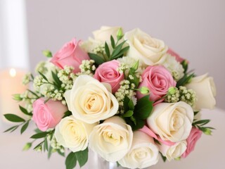 Obraz premium A elegant bouquet of white flowers with a vibrant rose blooming in the center, perfect for wedding decor or special occasions, centerpiece, wedding, bouquet