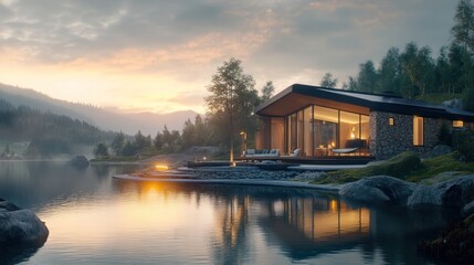 Obraz premium Modern Cabin by the Lake at Sunset