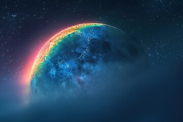 Naklejka premium A breathtaking panorama of a vibrant rainbow arching across a starry night sky at dusk near a mountain range during the magical transition from day to night