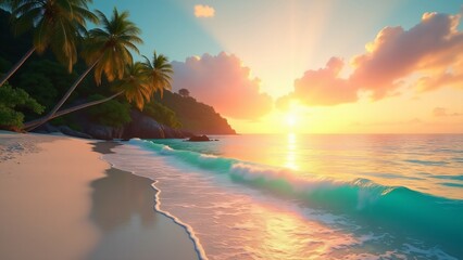 Tropical beach at sunset with white sands, turquoise waters, lush palm trees, and a vibrant sky in orange, pink, and purple hues. A serene and picturesque coastal paradise.