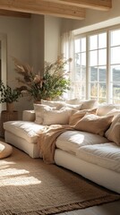 Obraz premium Sunlit Living Room with Large Linen Sectional Sofa and Dried Flowers