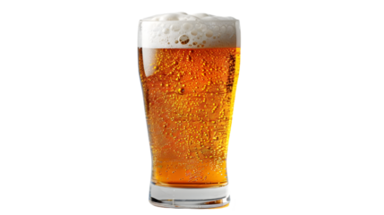 Glass of cold beer with foam, bubbles in drin isolated on a transparent background