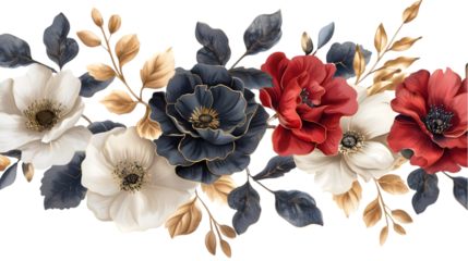 Glossy flowers bouquets and leaves with golden red, and black color luxury decoration element isolated on a transparent background