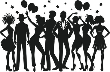 Group of Party People Silhouette - Vector Illustration on black and white.