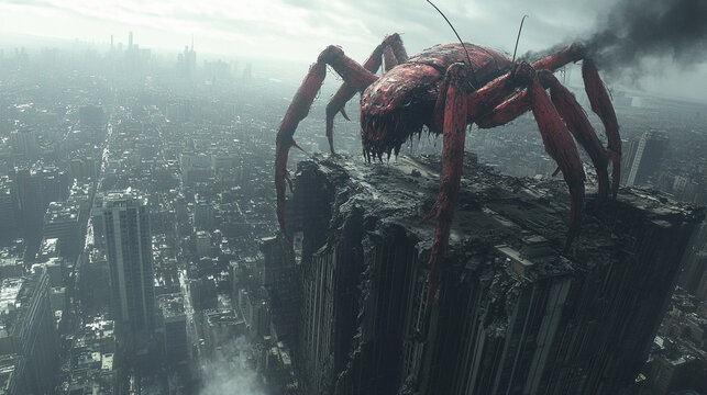 Massive insectoid terror perched on a crumbling skyscraper rooftop