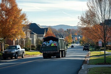 Obraz premium Waste collection vehicle navigating suburban streets autumn scene photography residential area eye-level view community cleanliness