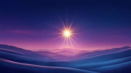 Obraz premium Golden Starburst Illuminating Layered Hills at Dusk