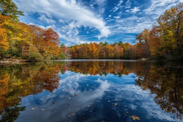 Vibrant autumn landscape reflecting on a tranquil lake surrounded by colorful trees in a serene natural setting during midday