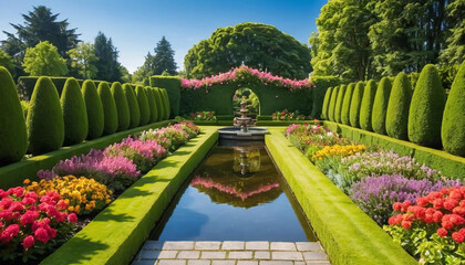 Obraz premium A meticulously landscaped formal garden with a central reflecting pool. The garden is characterized by symmetrical hedges, topiary, and flower beds. The scene is bathed in bright sunlight