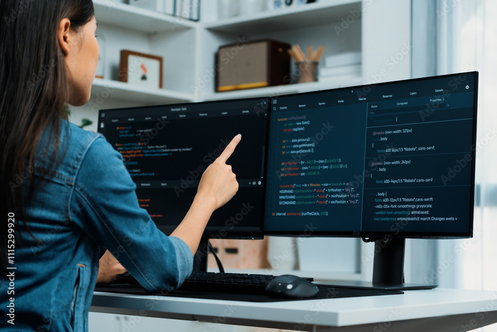 Poster young asian girl of it developer pointing online information on pc with coding program data applicat