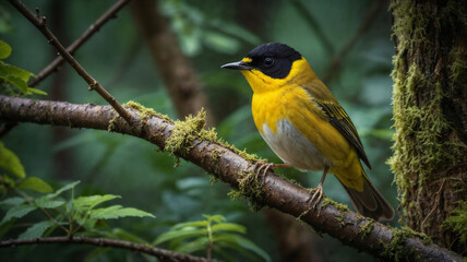 Obraz premium Vibrant yellow and black Hooded Warbler perched on a moss-covered branch in a lush forest. Stunning wildlife photography.