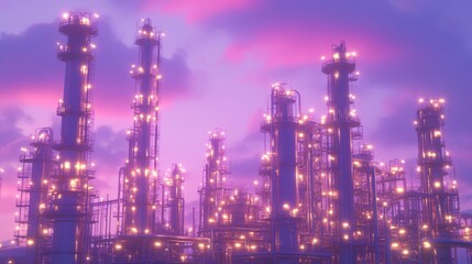 Glowing Refinery Towers Under a Vibrant Purple Sky