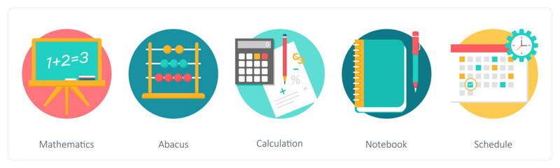 A set of 5 education icons as mathematics, abacus, calculation
