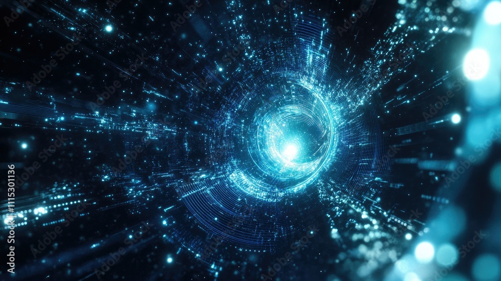 Poster wave particle background with glowing blue lines and moving dots, symbolizing futuristic data visual