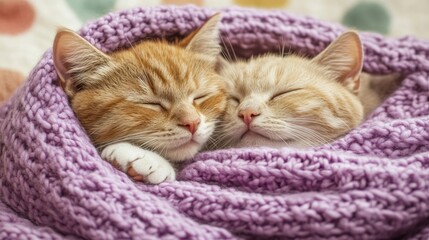 Two Kittens Snuggling in a Purple Blanket