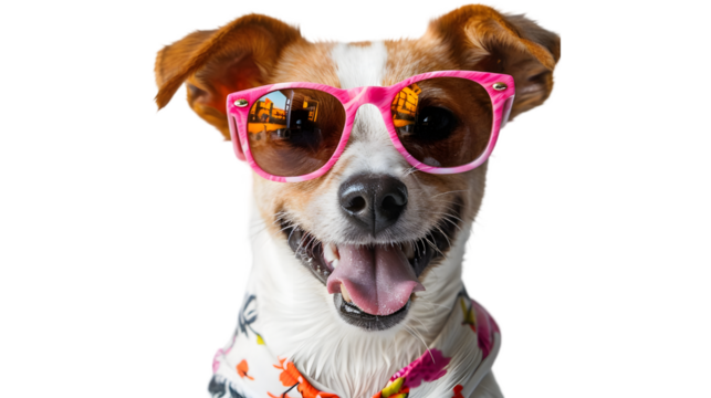 Happy smile Puppy dog wearing sunglasses with summer season costume isolated on a transparent background - Powered by Adobe