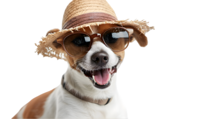 Happy smile Puppy dog wearing sunglasses with summer season costume isolated on a transparent background