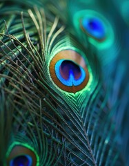 Obraz premium A vibrant display of peacock feathers, showcasing their iridescent colors and intricate patterns.