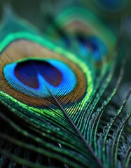 A vibrant display of peacock feathers, showcasing their iridescent colors and intricate patterns.