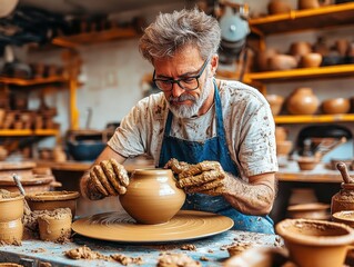 A potter shaping clay on a spinning wheel, hands covered in wet earth as they concentrate selective focus, creative precisionEthereal, Double exposure, Artisan workshop