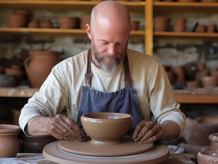 A potter shaping clay on a spinning wheel, hands covered in wet earth as they concentrate selective focus, creative precisionEthereal, Double exposure, Artisan workshop
