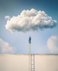 Individual on ladder reaching toward a cloud in a surreal landscape at dawn