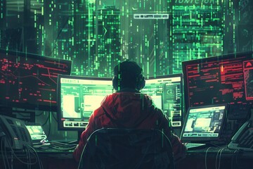 A young person wearing virtual reality goggles interacts with dynamic digital interfaces in a futuristic city at night, showcasing advanced technology and immersive experiences