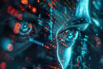 A focused individual works on computer programming in a dimly lit room, surrounded by vibrant neon lights and computer screens displaying code at night