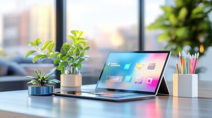 e-commerce and retail concept. Modern workspace with laptop, plants, and colorful stationery, creating vibrant atmosphere