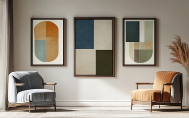 Fototapeta premium Three abstract geometric vector art posters in wooden frames hang on the wall, each featuring a color palette of blue, green, brown, beige, and gray. 