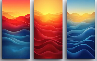 Three vertical panels in an abstract vector design showcase ombre gradients shifting from blue to orange. 