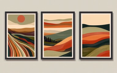Fototapeta premium Three frames with abstract Mid-Century Modern designs are arranged on the wall, each containing a distinct vector illustration. 