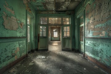 Obraz premium A dimly lit, abandoned hallway with cracked walls and a faded checkered floor, showcasing remnants of neglect in a once-grand building