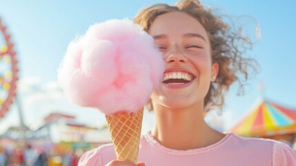 National Cotton Candy Day Celebration Joyful Woman Enjoying Sweet Treat at Carnival on a Sunny Day