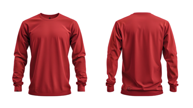 Long sleeve plain red t-shirt mockup, with front and back views isolated on a transparent background